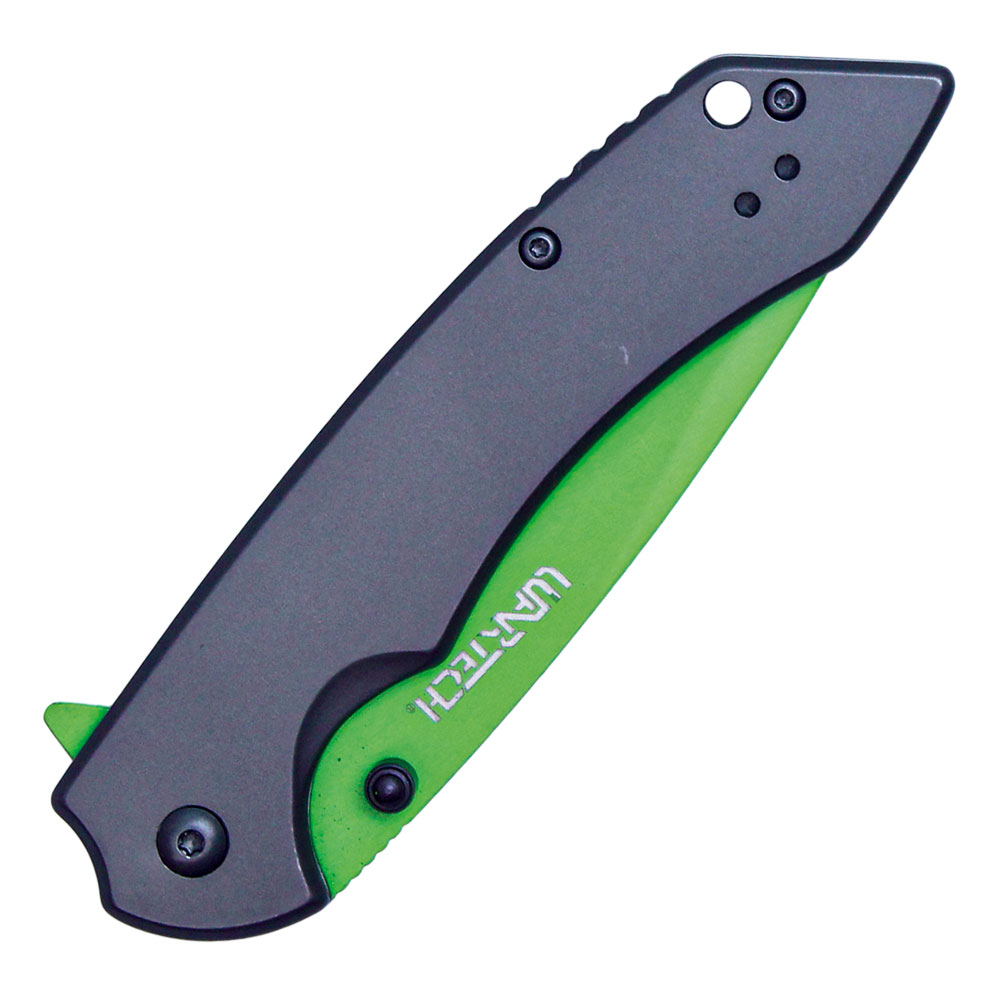 Assisted Open Folding Pocket Knife with Grey handle and Green Blade view 3